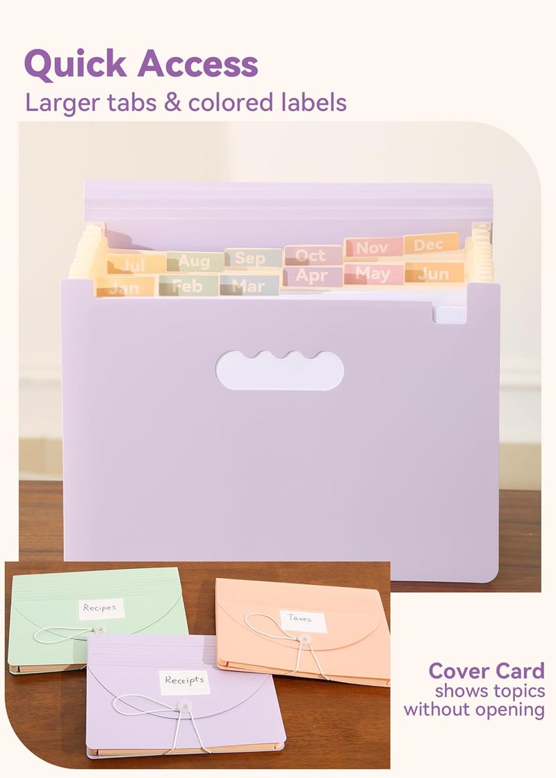 SortRax Accordion File Organizer 12 Pockets, Monthly Bill Receipt Tax Organizer, Expanding File Folders with Larger Bright Tabs, Fits Letter/A4 Size - Black - Purple - Image 4
